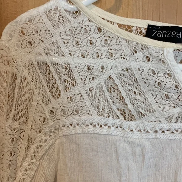 𝅺ZANZEA Collection cream long sleeve shirt w lace top w tie size Medium - Picture 4 of 6